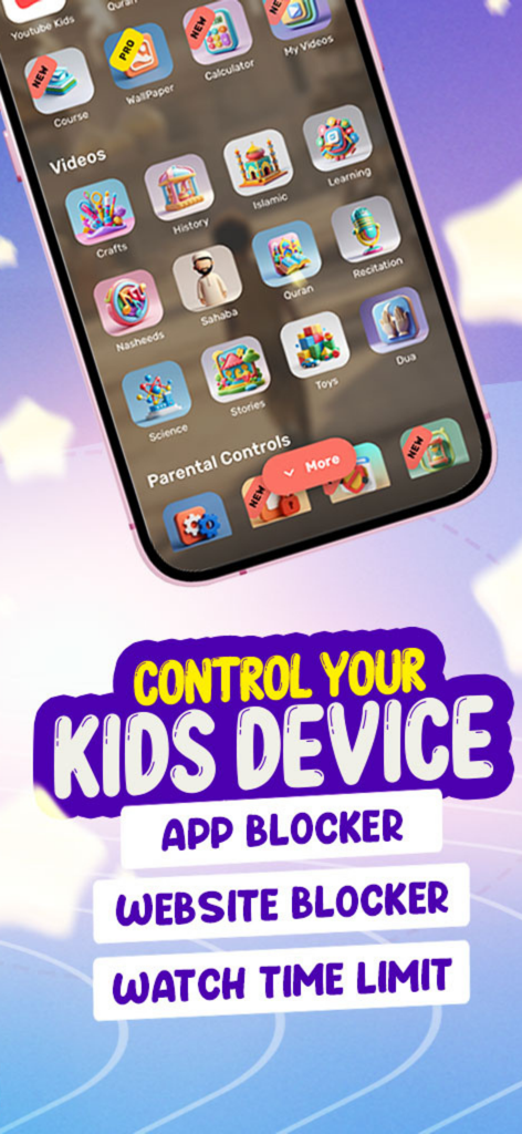 Kahf Kids mobile app interface showing Islamic educational content categories and parental control features like app blocker and watch time limits