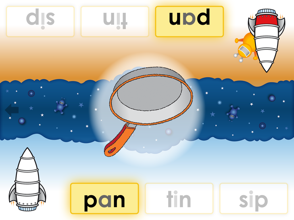 PLD 2P Read 1a - Two player phonics game screen showing a pan illustration and CVC word matching options in a space theme
