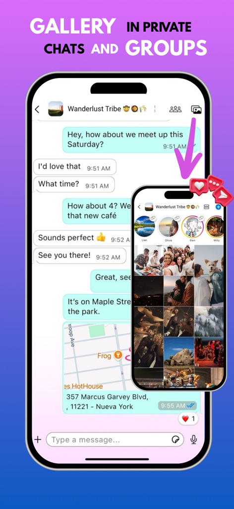 Interface do aplicativo Weebu Messenger mostrando um chat em grupo com um mapa de localização compartilhado e uma galeria de fotos integrada.