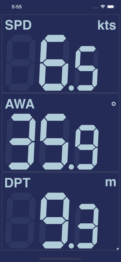 Tableau de bord NMEAremote affichant la vitesse, l'angle du vent et la profondeur de l'eau