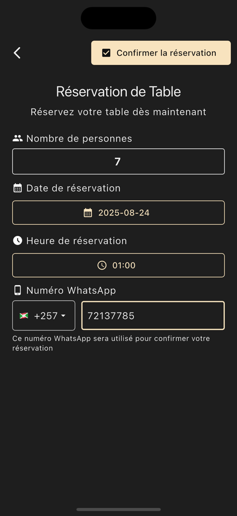 Table reservation interface in the Baron Menu mobile app showing fields for group size date time and contact number