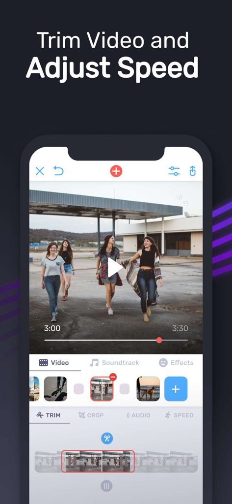 A mobile app interface showing video trimming and speed adjustment tools with a timeline editor