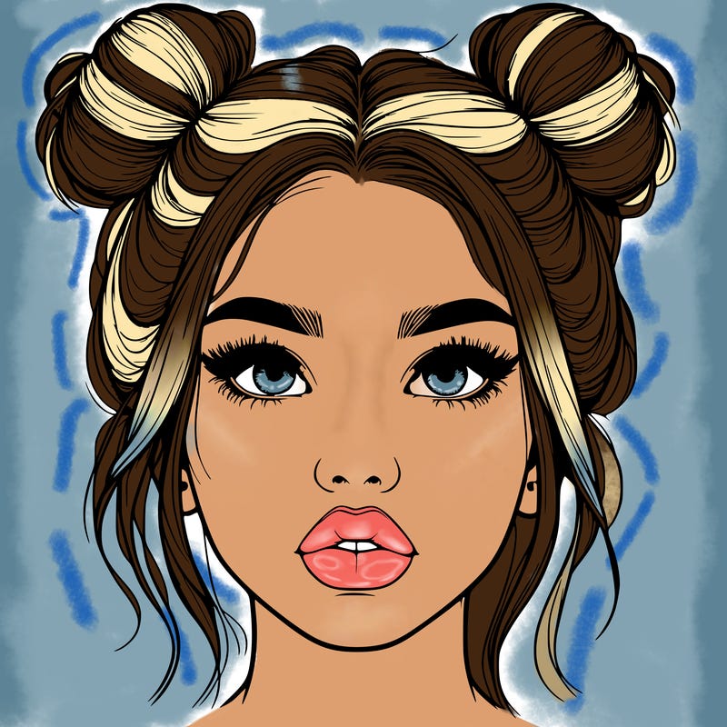realistic girl with two buns on her hair and lips
