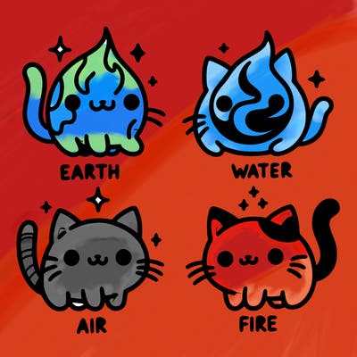 4 cats that represent the different elements, earth, water, air, and fire
