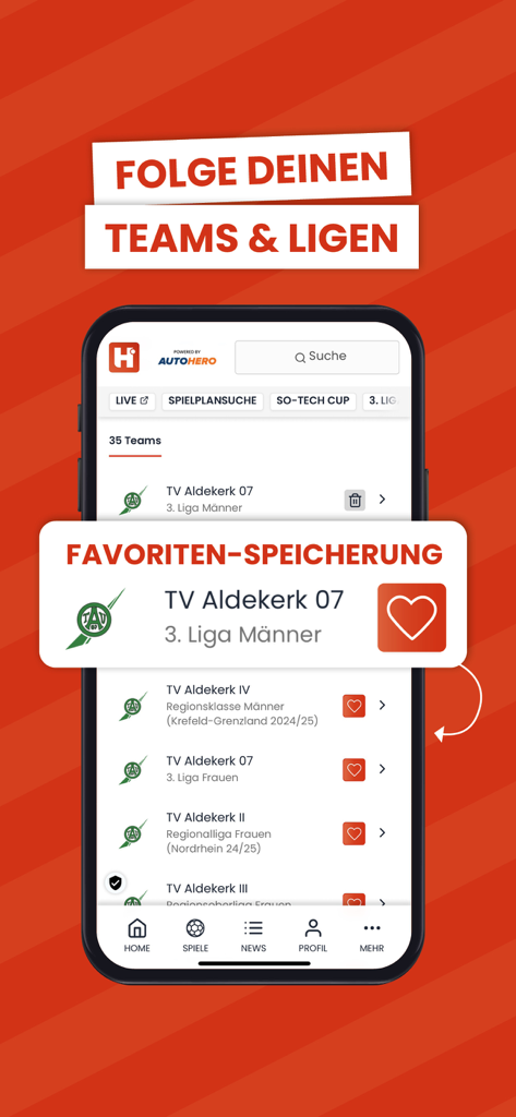 Handball.net App-Oberfläche, die die Funktion zum Verfolgen und Speichern von Lieblingsteams und -ligen zeigt