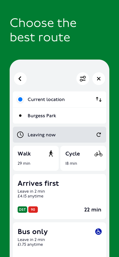 TfL Go: Plan, Pay, Travel - TfL Go mobile app screen showing different transport route options for walking cycling and bus travel in London with estimated arrival times