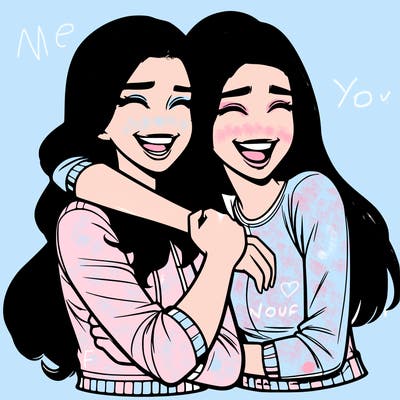 two realistic teenage girls side hugging and laughing