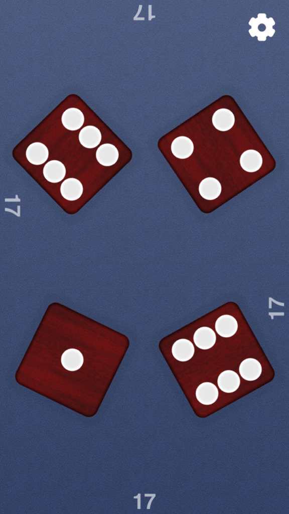 Just Dice - Four red wooden dice on a blue background showing a total score of 17 in the Just Dice app