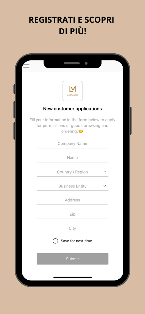 Formulario de registro B2B para nuevos clientes comerciales en la aplicación de moda al por mayor LAMIAR