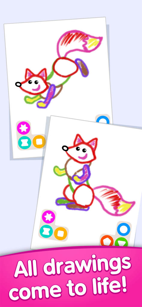 Two colorful drawings of a fox by a child with text saying all drawings come to life