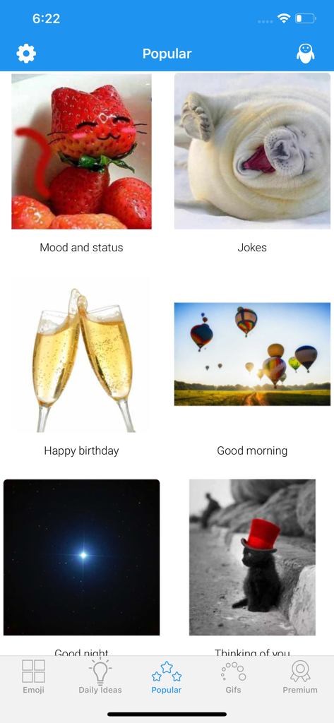 Emoji Elite + GIFs - Categorías populares de saludos en la aplicación Emoji Elite que muestran imágenes para deseos de cumpleaños, buenos días y pensando en ti.