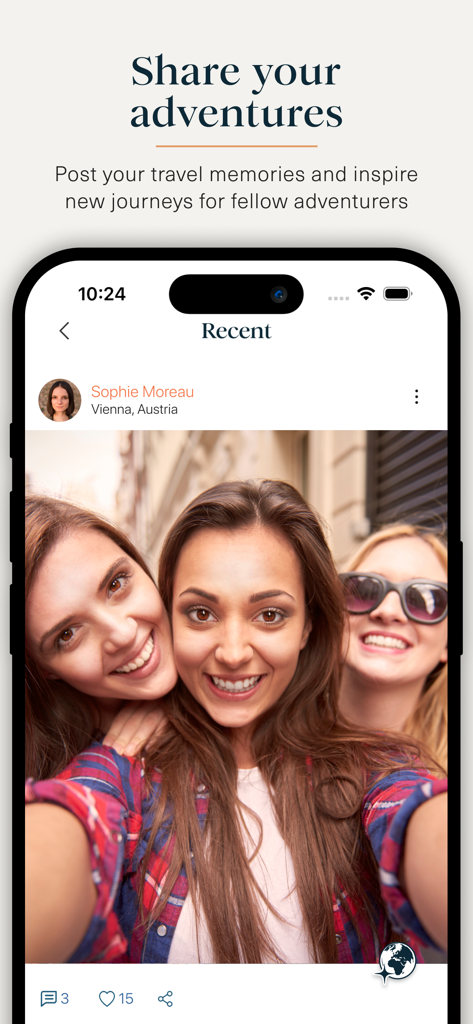 ASMALLWORLD - A screenshot of the ASMALLWORLD app showing a member's travel photo with friends under the heading Share your adventures
