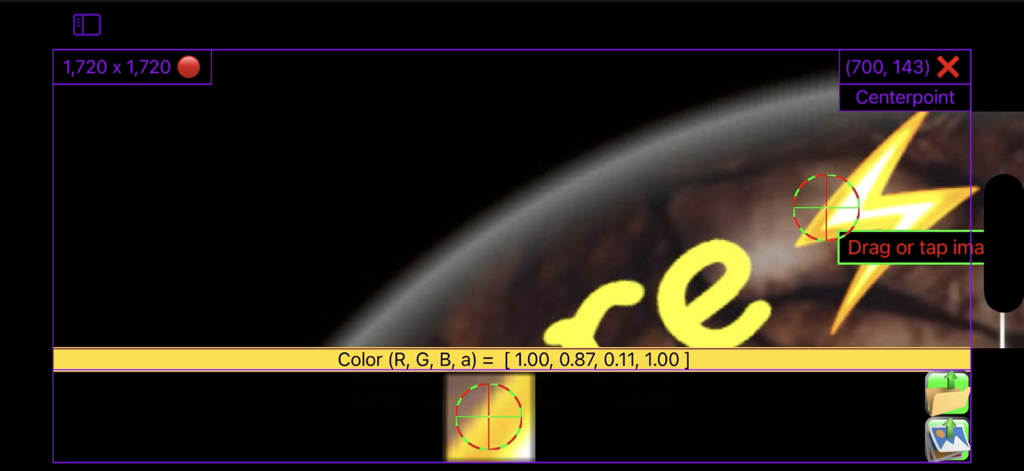 Core Image Tools - User interface of the Core Image Tools app showing technical coordinates and RGBA color data for image editing