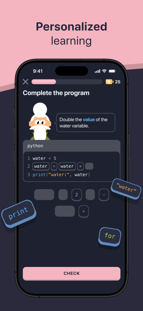 Défi de codage Python sur l'écran d'apprentissage personnalisé de l'application SideMe.