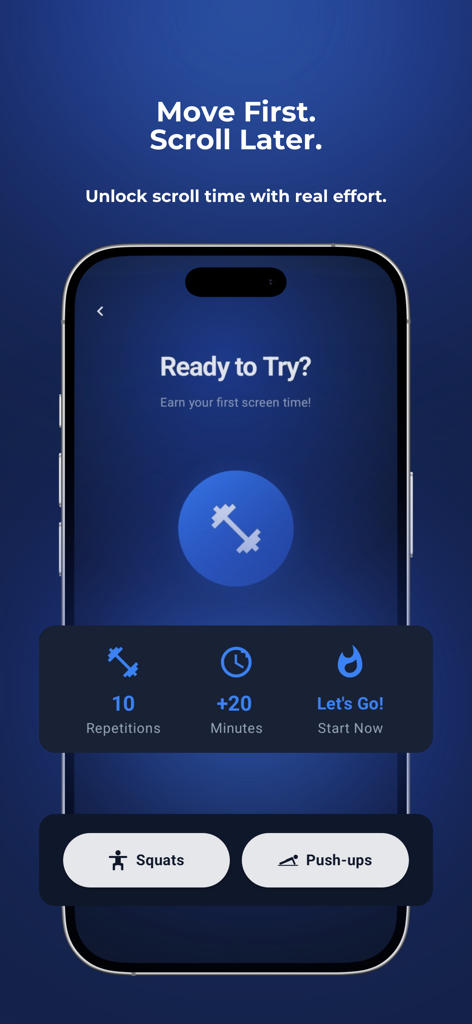 Sweatscroll: App Blocker - Sweatscroll app interface showing options to earn screen time by completing squats or pushups