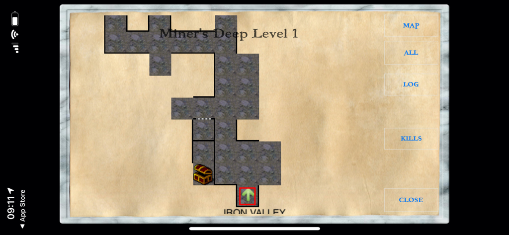 Silversword - Grid based dungeon automap in Silversword showing Miners Deep Level 1 with player location and treasure chest