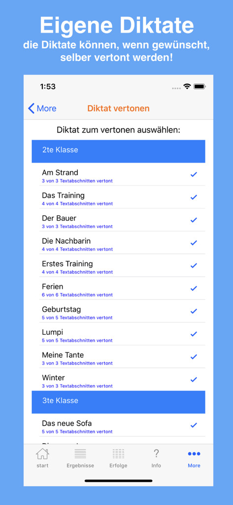 Diktat Trainer - A list of custom spelling dictations organized by grade level in the Diktat Trainer app interface.