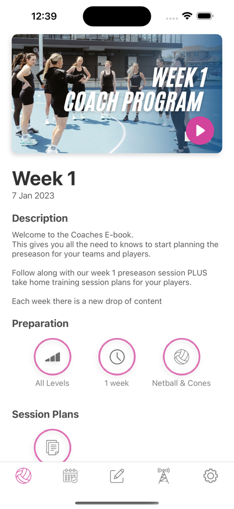 NETFIT Netball - NETFIT Netball app showing Week 1 Coach Program for preseason training with session plans