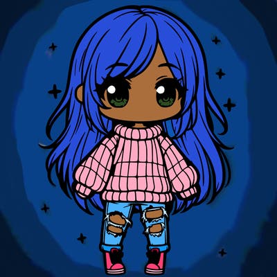 chibi girl with ripped jeans,long hair, and an oversized sweater