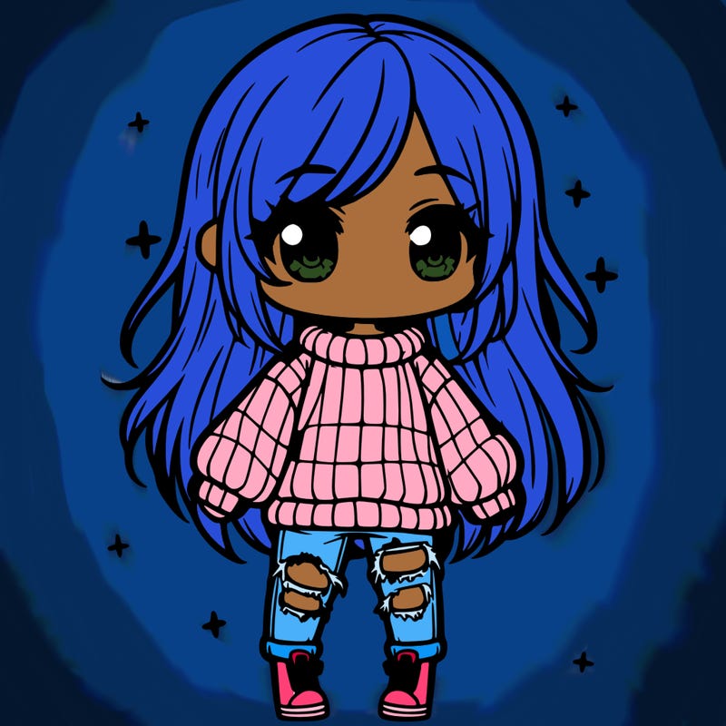 chibi girl with ripped jeans,long hair, and an oversized sweater