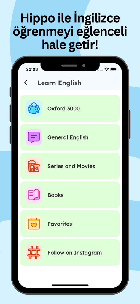 Hippocampus app interface showing various English learning categories like Oxford 3000, General English, Series and Movies, and Books.