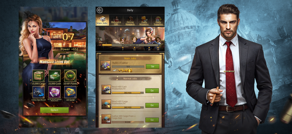 Mafia City: War of Underworld - Interfaz del juego Mafia City que muestra recompensas por subir de nivel la mansión y un personaje jefe