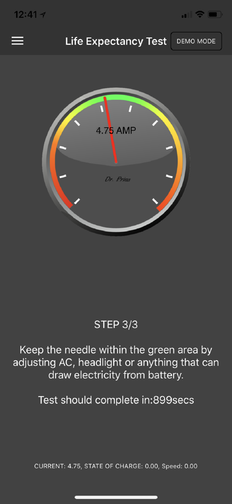 Dr. Prius / Dr. Hybrid - Dr Prius app interface showing the life expectancy test for a hybrid battery with a gauge and instructions