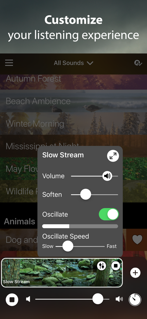 Rain Rain app interface showing audio customization controls for the Slow Stream sound including volume soften and oscillate settings
