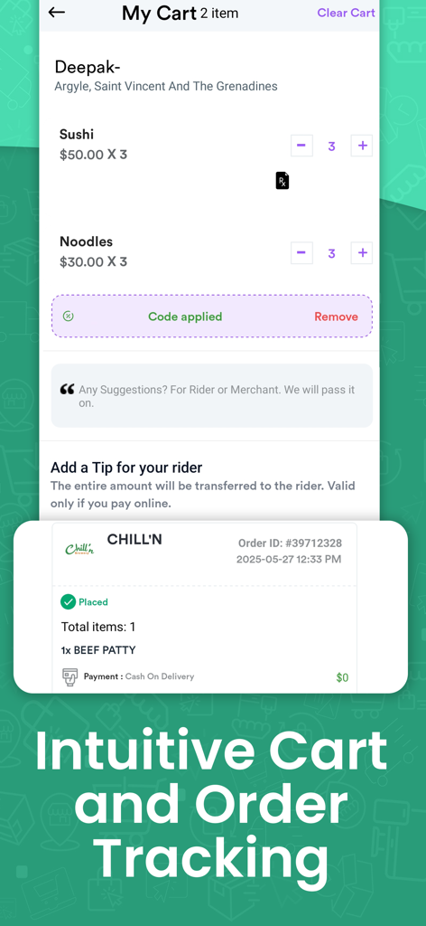 Vonzuu - Vonzuu app shopping cart interface and real time order tracking status screen