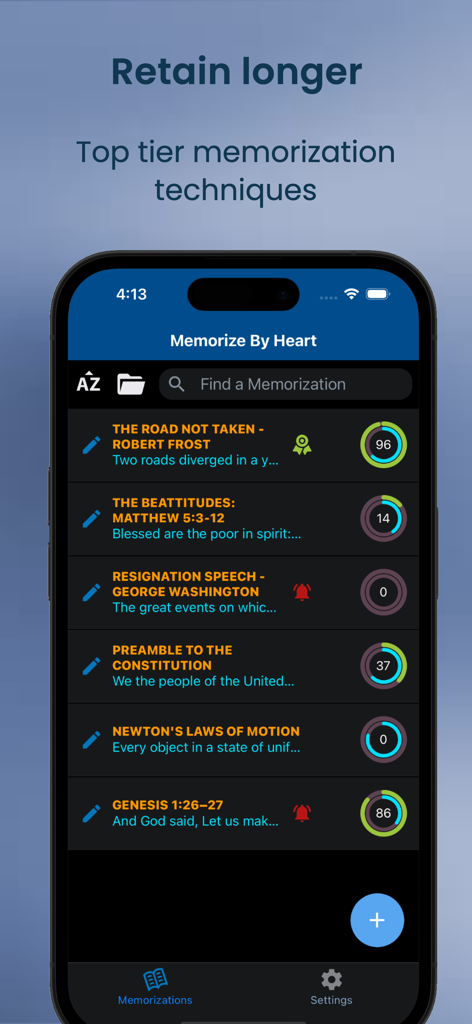 Memorize By Heart - Memorize By Heart app dashboard displaying a list of various texts with progress tracking circles
