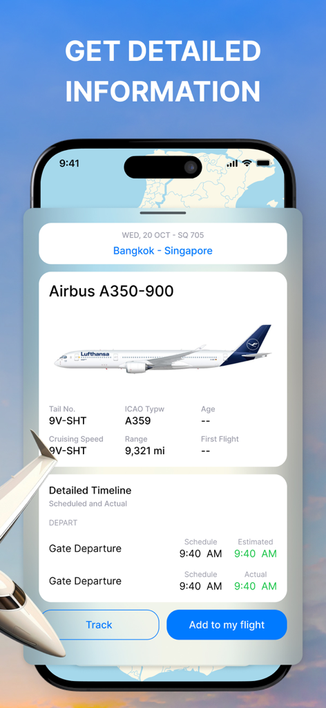 Detailed flight and aircraft information screen showing departure times and technical specs for an Airbus A350