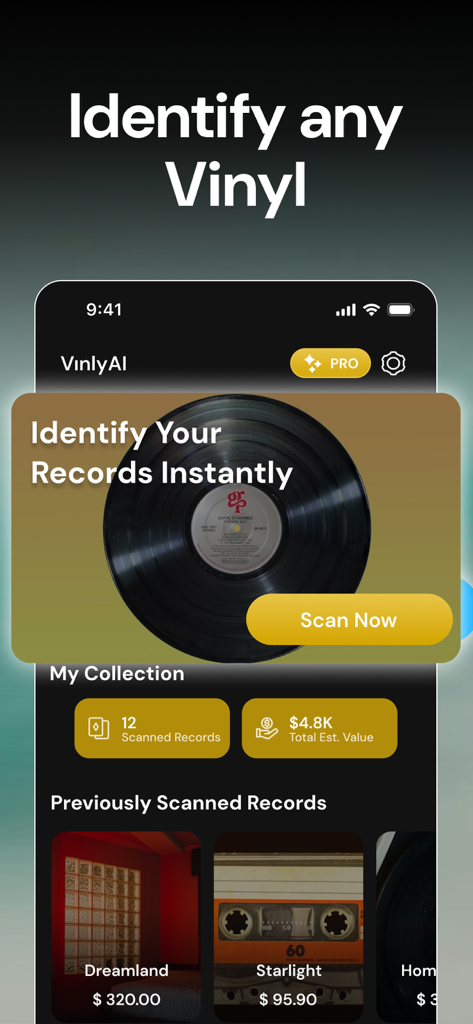 Mobile app interface for identifying vinyl records and tracking collection value.