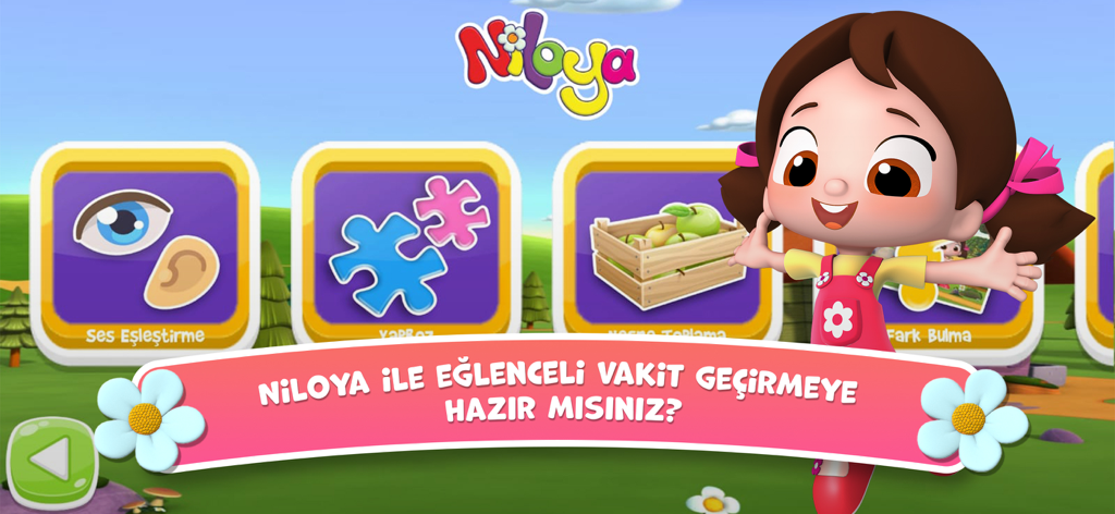 Main menu of the Niloya app for kids showing educational games including puzzles and matching activities.