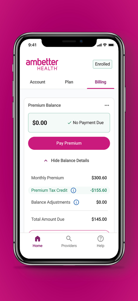Ambetter Health app billing screen showing premium balance and tax credit information