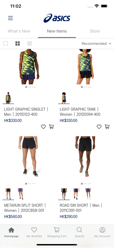 ASICS HK - A product listing page in the ASICS HK app showing new running apparel including singlets and shorts.
