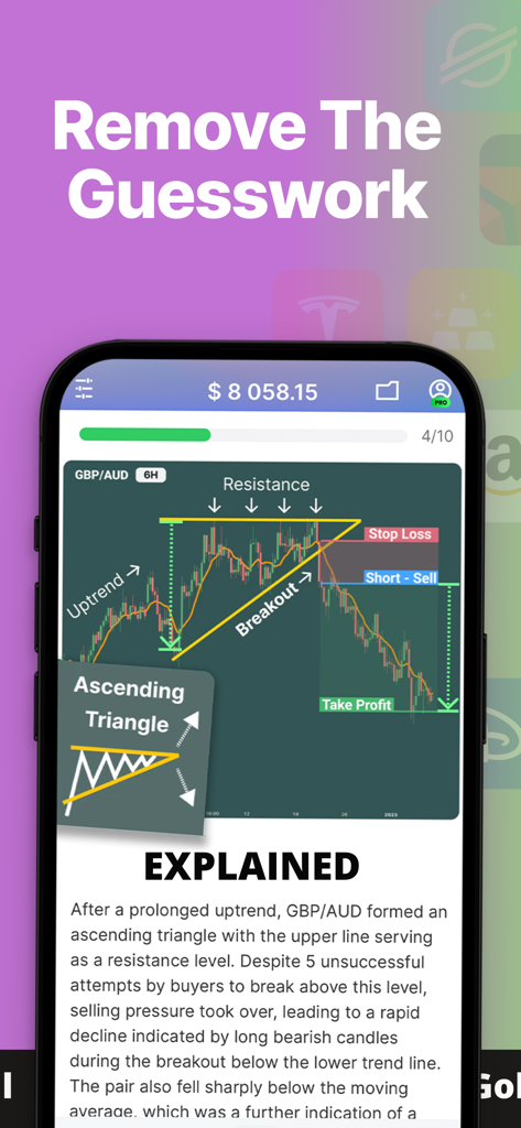 Pantalla de la app móvil que muestra un patrón de gráfico de triángulo ascendente explicado para principiantes de forex.
