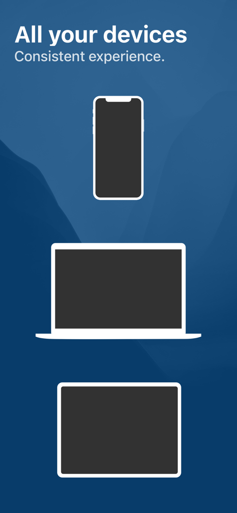 Graphic showing iPhone Mac and iPad silhouettes representing a consistent app experience across all Apple devices