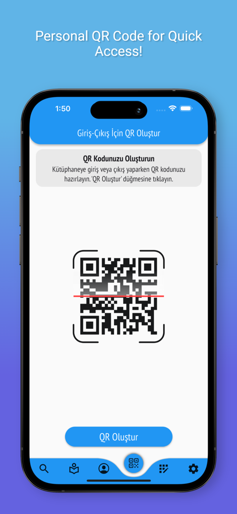 Cep Kütüphanem - Persönlicher QR-Code auf einem Smartphone-Bildschirm für den schnellen Bibliothekszugang mit der Cep Kütüphanem App.