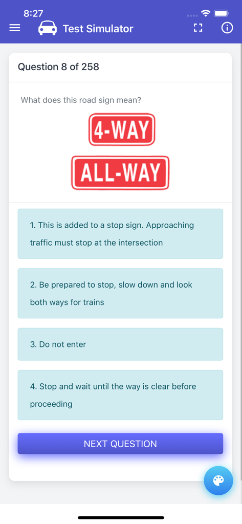 Tela do aplicativo de teste prático DVS de Minnesota mostrando uma pergunta de múltipla escolha sobre sinais de trânsito.