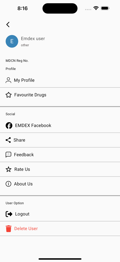 EMDEX Reference - EMDEX Referenceアプリのユーザー設定メニュー。プロファイルオプション、お気に入り医薬品、ソーシャルリンクが表示されます。