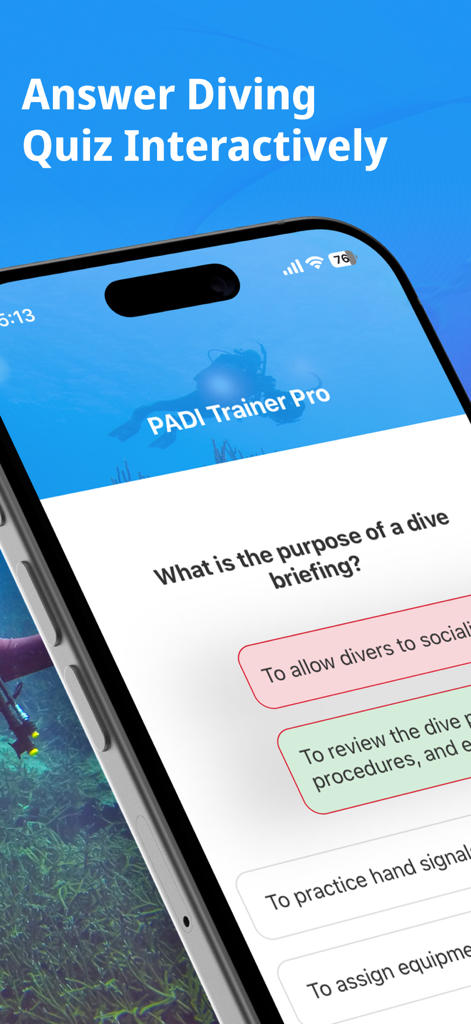 A smartphone screen showing an interactive scuba diving quiz question about dive briefings on the PADI Trainer Pro app.