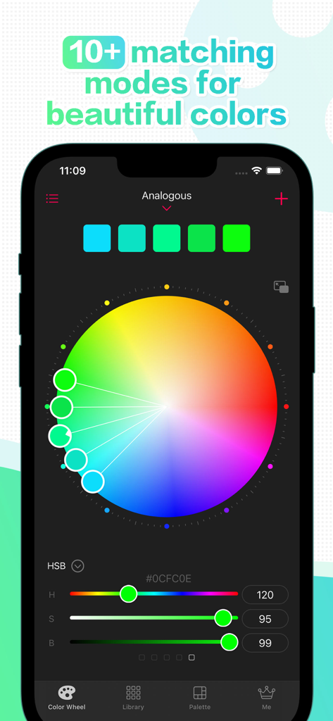 JoyColor: Your color assistant - Interfaz de la aplicación JoyColor que muestra una rueda de colores y el modo de coincidencia de colores análogos con controles deslizantes HSB