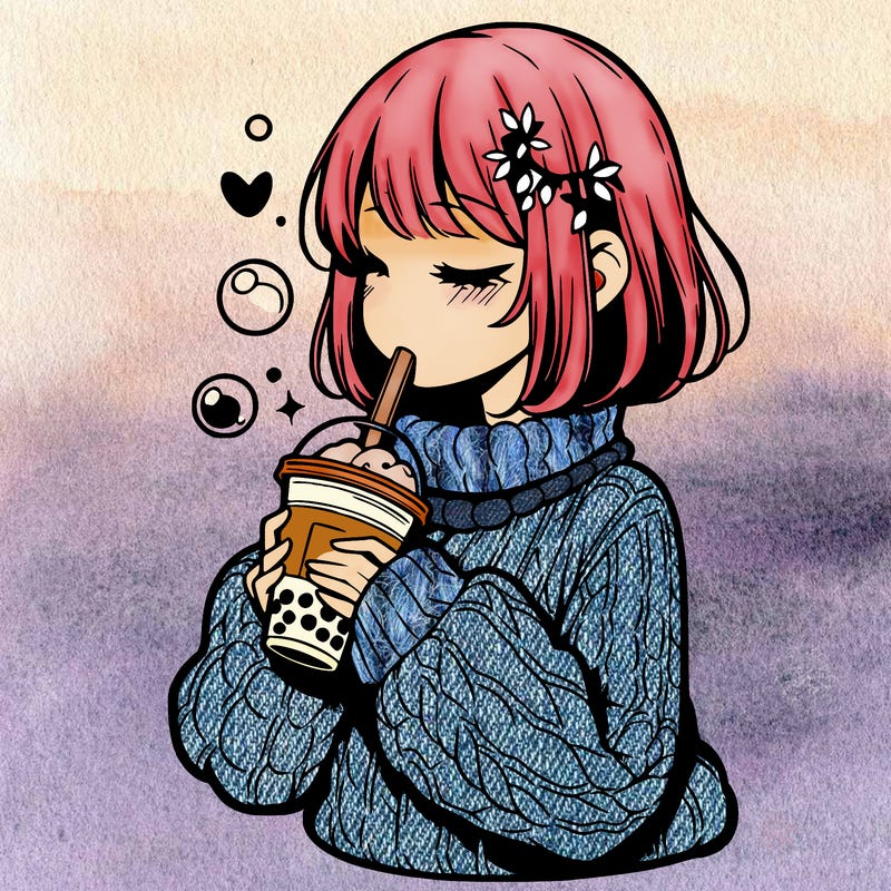 manga girl drinking boba in cozy sweater