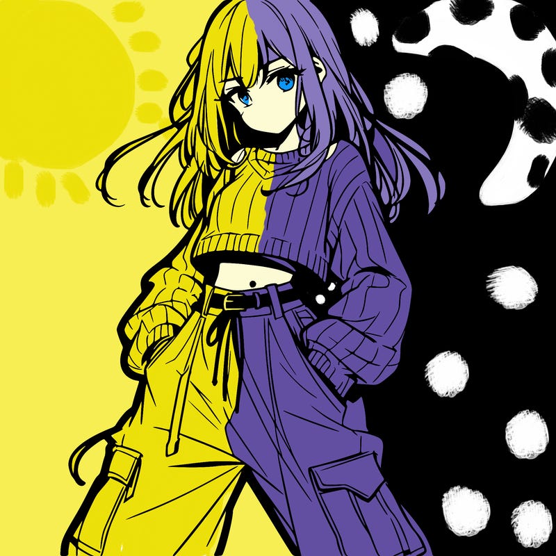 anime teen girl with baggy pants and crop top with sweater