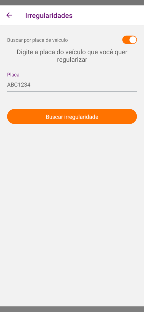 Niterói Rotativo - Search screen for parking irregularities in the Niterói Rotativo app using a license plate number