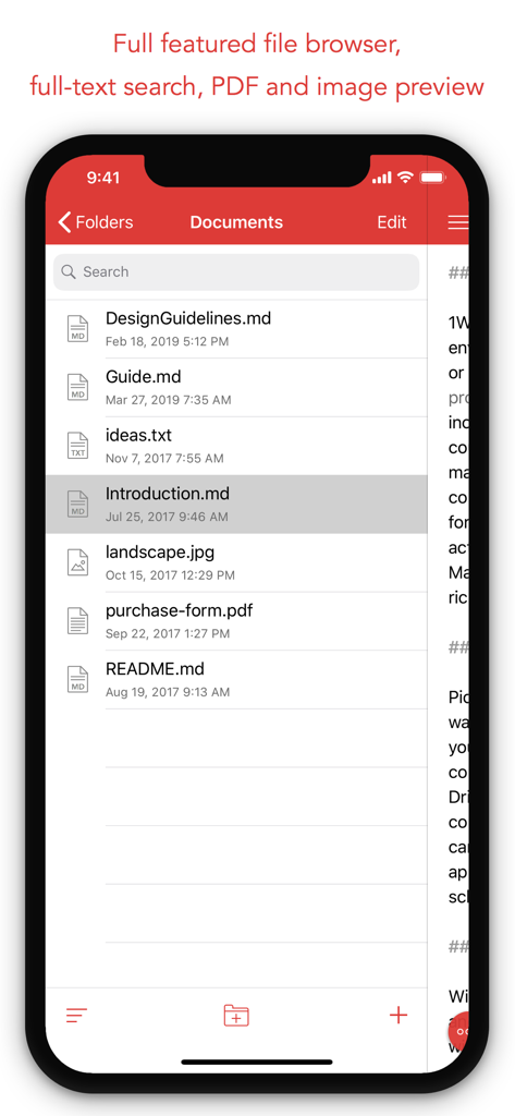 1Writer - Markdown Text Editor - 1Writer app interface showing a list of markdown and pdf files in a folder