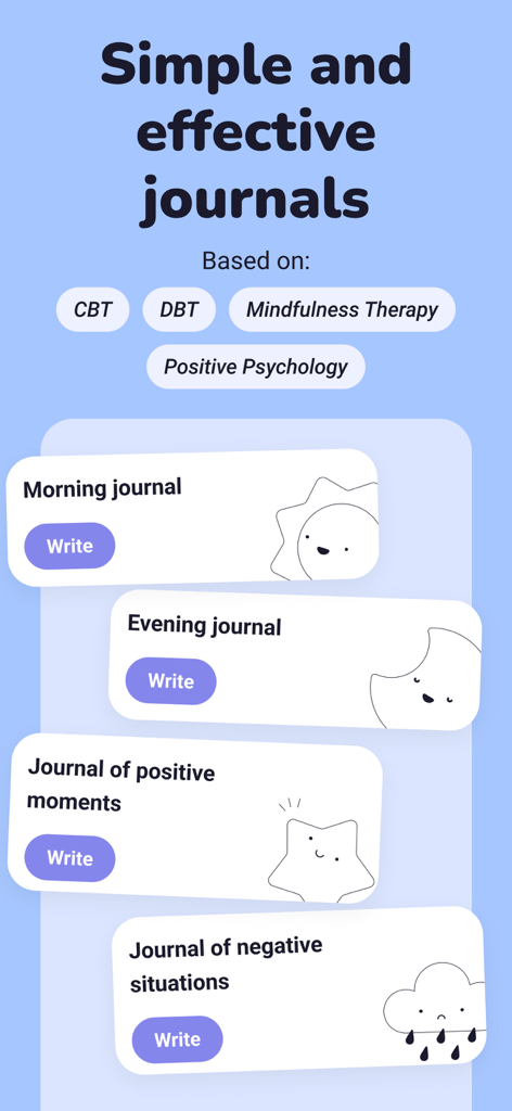 Moodi: mental health tracker - Moodiアプリのインターフェース。CBTとDBTに基づいた、朝、夕方、ポジティブな瞬間、ネガティブな状況などのさまざまなジャーナルオプションが表示されます。