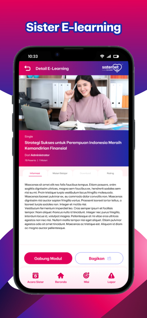 Sisternet - Una pantalla móvil que muestra el módulo de e-learning de Sisternet sobre independencia financiera para mujeres indonesias