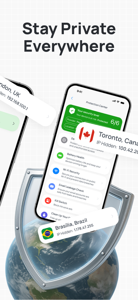 SecureNet VPN app interface showing protection center and global server locations with a shield over the globe