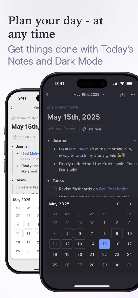 RemNote daily notes and task planner interface in dark mode and light mode